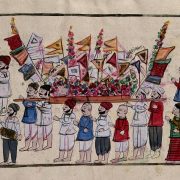 A watercolor painting of a sikh funeral procession. Several men carry a deceased individual, while musicians are depicted playing.